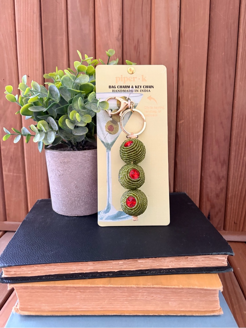 Piper K Beaded Triple Pimento Olive Bag Charm Keychain